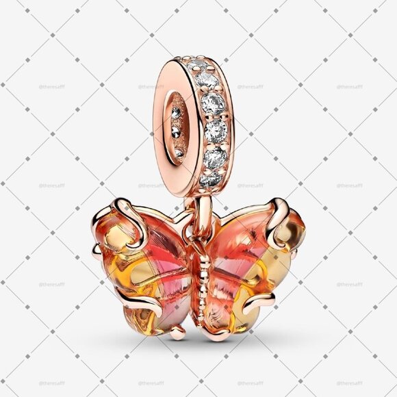 Pandora Pink & Yellow Murano Glass Butterfly Dangle Charm - Picture 1 of 2